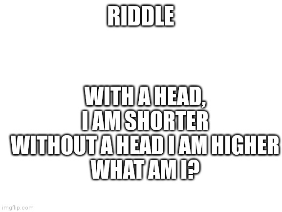 More riddles! | RIDDLE; WITH A HEAD, I AM SHORTER
WITHOUT A HEAD I AM HIGHER
WHAT AM I? | image tagged in blank white template,riddle | made w/ Imgflip meme maker
