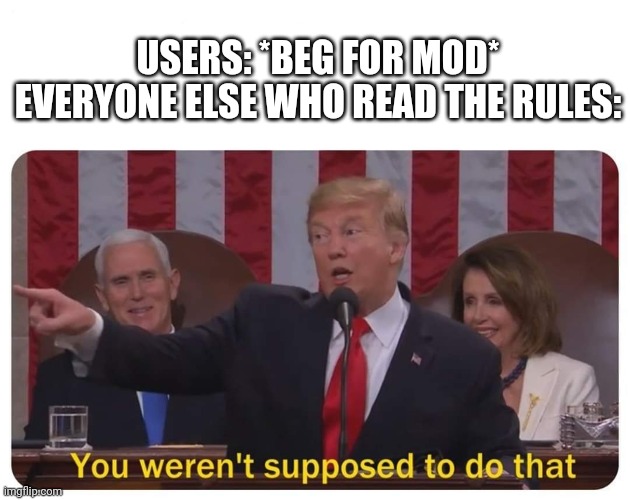 blobie note:cool | USERS: *BEG FOR MOD*
EVERYONE ELSE WHO READ THE RULES: | image tagged in you weren't supposed to do that | made w/ Imgflip meme maker