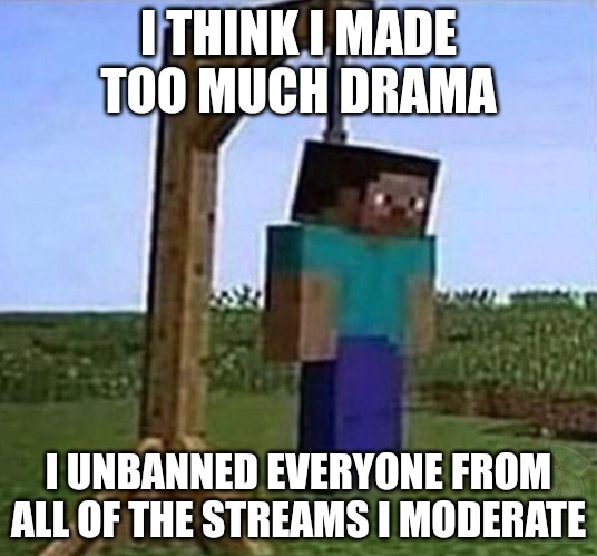 hang myself | I THINK I MADE TOO MUCH DRAMA; I UNBANNED EVERYONE FROM ALL OF THE STREAMS I MODERATE | image tagged in hang myself | made w/ Imgflip meme maker