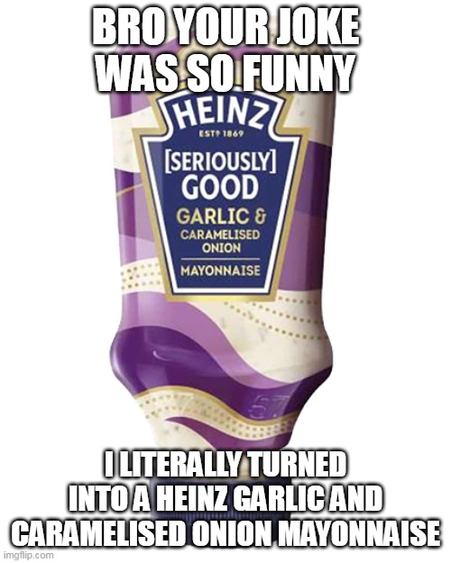 BRO YOUR JOKE WAS SO FUNNY; I LITERALLY TURNED INTO A HEINZ GARLIC AND CARAMELISED ONION MAYONNAISE | made w/ Imgflip meme maker