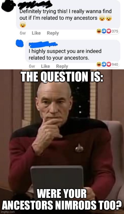 omg… what a moron | THE QUESTION IS:; WERE YOUR ANCESTORS NIMRODS TOO? | image tagged in picard thinking | made w/ Imgflip meme maker
