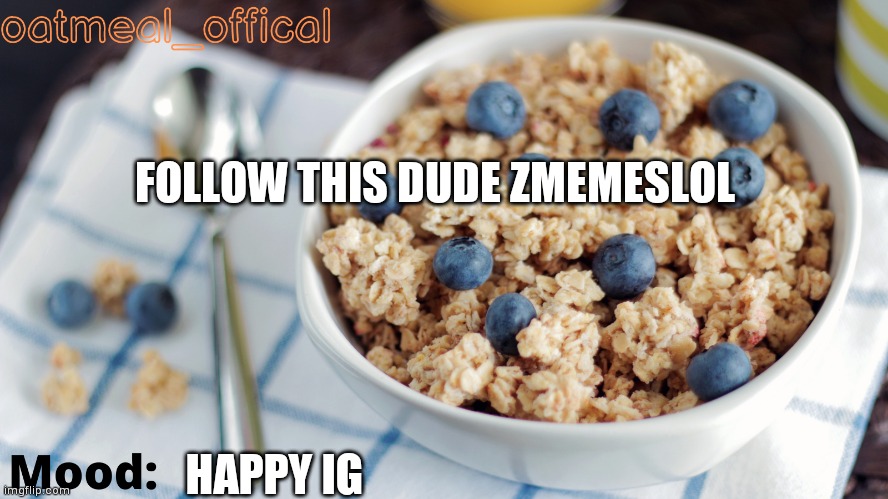 The Oat Temp | FOLLOW THIS DUDE ZMEMESLOL; HAPPY IG | image tagged in the oat temp | made w/ Imgflip meme maker