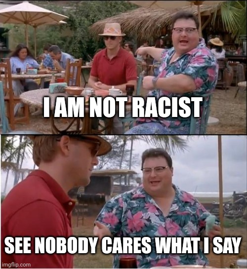 See Nobody Cares | I AM NOT RACIST; SEE NOBODY CARES WHAT I SAY | image tagged in memes,see nobody cares | made w/ Imgflip meme maker