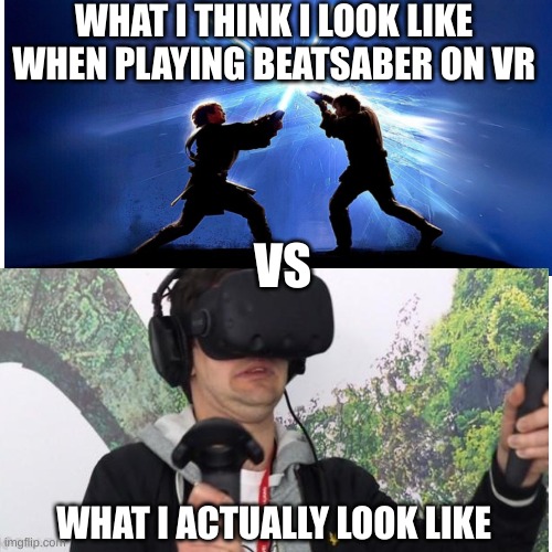 this couldn't possibly be more true | WHAT I THINK I LOOK LIKE WHEN PLAYING BEATSABER ON VR; VS; WHAT I ACTUALLY LOOK LIKE | image tagged in sadreality | made w/ Imgflip meme maker