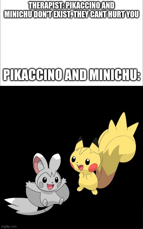 aaaaaaaaaaaaaaaAAAAAAAAAAAAAAAAAAAA | THERAPIST: PIKACCINO AND MINICHU DON'T EXIST, THEY CANT HURT YOU; PIKACCINO AND MINICHU: | image tagged in white background | made w/ Imgflip meme maker