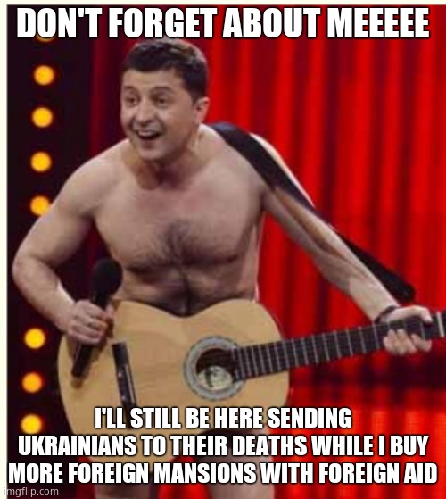 Zelenskyy | DON'T FORGET ABOUT MEEEEE I'LL STILL BE HERE SENDING UKRAINIANS TO THEIR DEATHS WHILE I BUY MORE FOREIGN MANSIONS WITH FOREIGN AID | image tagged in zelenskyy | made w/ Imgflip meme maker