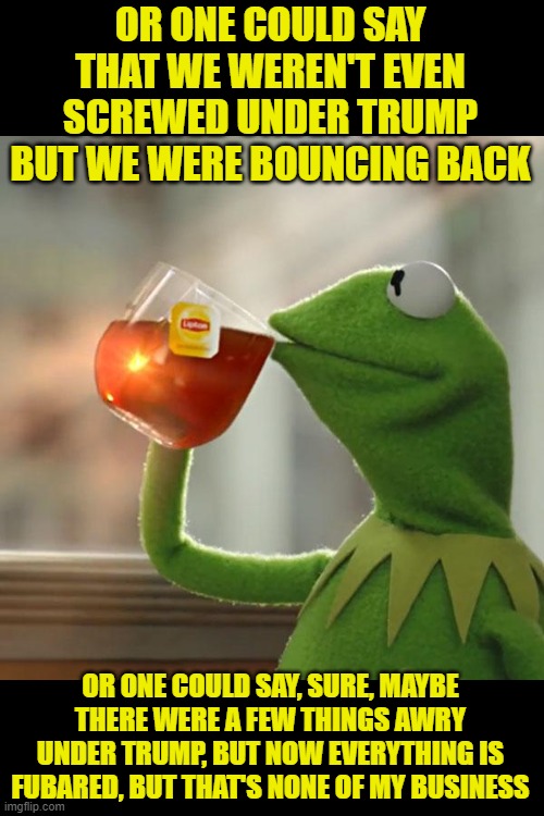 But That's None Of My Business Meme | OR ONE COULD SAY THAT WE WEREN'T EVEN SCREWED UNDER TRUMP BUT WE WERE BOUNCING BACK OR ONE COULD SAY, SURE, MAYBE THERE WERE A FEW THINGS AW | image tagged in memes,but that's none of my business,kermit the frog | made w/ Imgflip meme maker