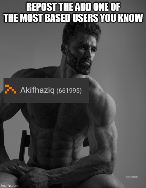 Giga Chad | REPOST THE ADD ONE OF THE MOST BASED USERS YOU KNOW | image tagged in giga chad | made w/ Imgflip meme maker