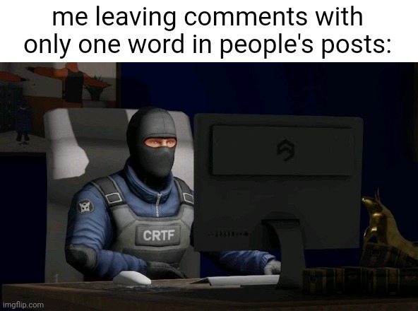 counter-terrorist looking at the computer | me leaving comments with only one word in people's posts: | image tagged in counter-terrorist looking at the computer | made w/ Imgflip meme maker