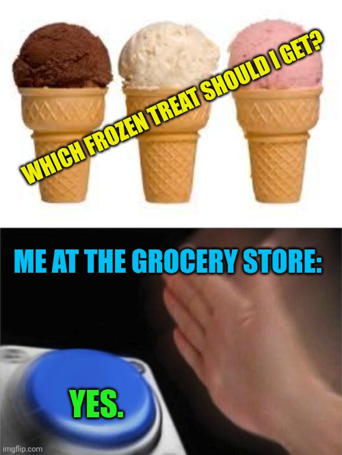 POV it's summer | WHICH FROZEN TREAT SHOULD I GET? ME AT THE GROCERY STORE:; YES. | image tagged in ice cream cone,memes,blank nut button | made w/ Imgflip meme maker