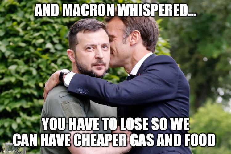 Realpolitik | AND MACRON WHISPERED…; YOU HAVE TO LOSE SO WE CAN HAVE CHEAPER GAS AND FOOD | image tagged in macron whispers to zelensky,ukraine | made w/ Imgflip meme maker