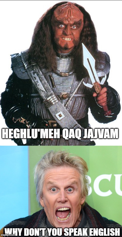  HEGHLU'MEH QAQ JAJVAM; WHY DON'T YOU SPEAK ENGLISH | image tagged in klingon warrior,crazy gary busey | made w/ Imgflip meme maker