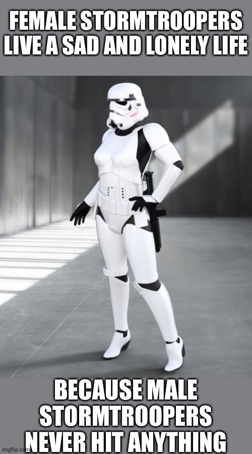 Female Stormtrooper | FEMALE STORMTROOPERS LIVE A SAD AND LONELY LIFE; BECAUSE MALE STORMTROOPERS NEVER HIT ANYTHING | image tagged in female stormtrooper,memes,funny | made w/ Imgflip meme maker