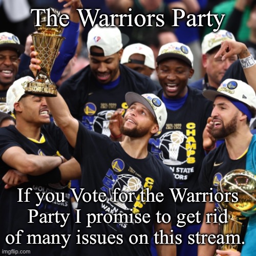 The Warriors Party | If you Vote for the Warriors Party I promise to get rid of many issues on this stream. | image tagged in the warriors party | made w/ Imgflip meme maker