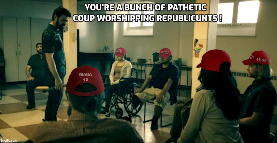 image tagged in the boys,clown car republicans,billy butcher,butcher,amazon,qanon cult | made w/ Imgflip meme maker