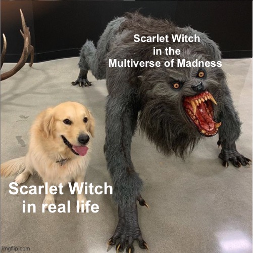 Bloopers can confirm | Scarlet Witch in the Multiverse of Madness; Scarlet Witch in real life | image tagged in dog vs werewolf,dr strange,marvel cinematic universe,marvel,in real life | made w/ Imgflip meme maker
