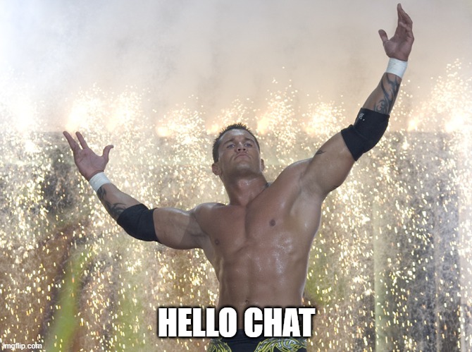 Randy Orton RKO | HELLO CHAT | image tagged in randy orton rko | made w/ Imgflip meme maker