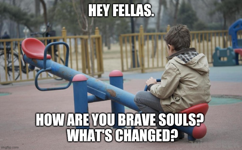 Lonely Seesaw Kid | HEY FELLAS. HOW ARE YOU BRAVE SOULS? 
 WHAT'S CHANGED? | image tagged in lonely seesaw kid | made w/ Imgflip meme maker