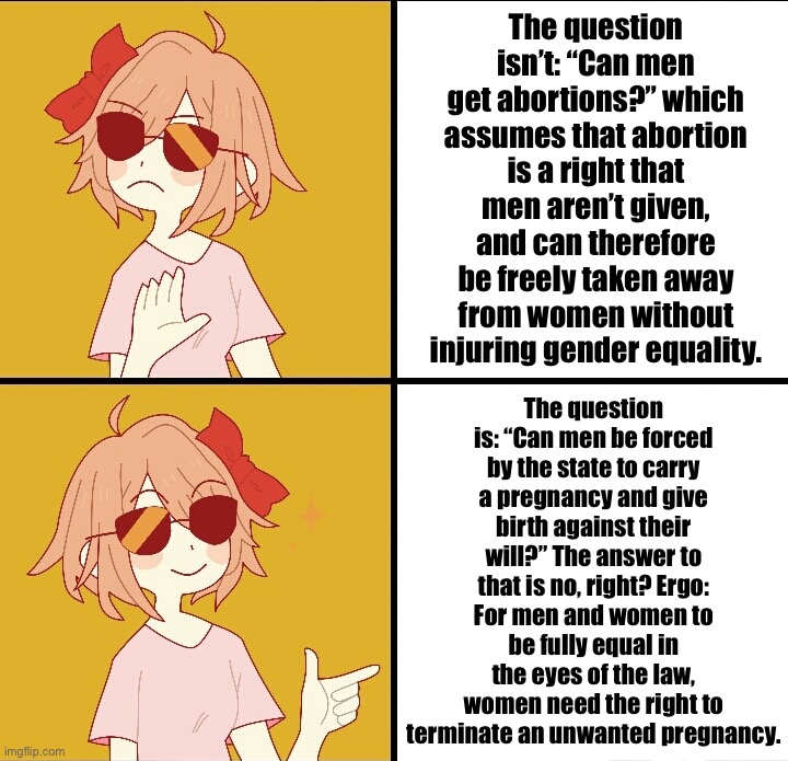 If the state can’t force a man to carry an unwanted pregnancy, then forcing a woman to do so is de facto sex discrimination. | The question isn’t: “Can men get abortions?” which assumes that abortion is a right that men aren’t given, and can therefore be freely taken away from women without injuring gender equality. The question is: “Can men be forced by the state to carry a pregnancy and give birth against their will?” The answer to that is no, right? Ergo: For men and women to be fully equal in the eyes of the law, women need the right to terminate an unwanted pregnancy. | image tagged in trans drake | made w/ Imgflip meme maker