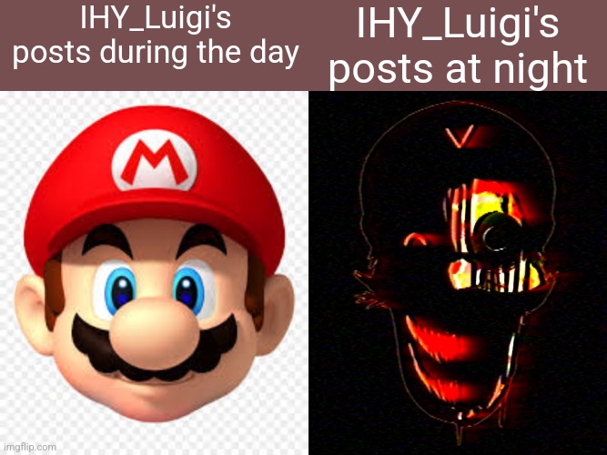 IHY_Luigi's posts during the day; IHY_Luigi's posts at night | image tagged in mario's face nsmb-wii | made w/ Imgflip meme maker