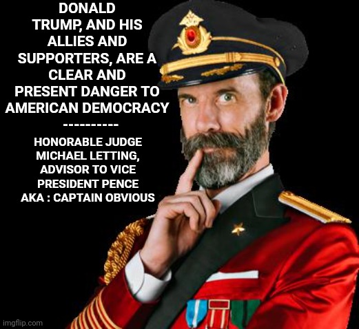 Clear And Present Danger | DONALD TRUMP, AND HIS ALLIES AND SUPPORTERS, ARE A CLEAR AND PRESENT DANGER TO AMERICAN DEMOCRACY
  ----------; HONORABLE JUDGE MICHAEL LETTING, ADVISOR TO VICE PRESIDENT PENCE
AKA : CAPTAIN OBVIOUS | image tagged in captain obvious,clear and present danger,lock him up,liar,traitor,loser | made w/ Imgflip meme maker