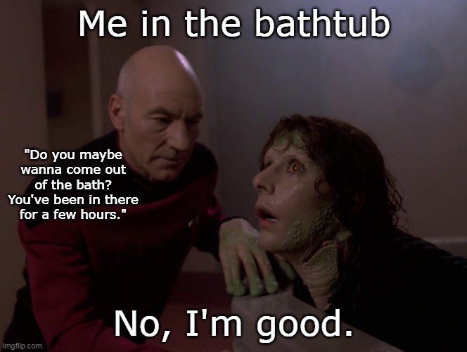 Bathing |  Me in the bathtub; "Do you maybe wanna come out of the bath? You've been in there for a few hours."; No, I'm good. | image tagged in memes,bathtub,deanna troi,picard,star trek,star trek the next generation | made w/ Imgflip meme maker