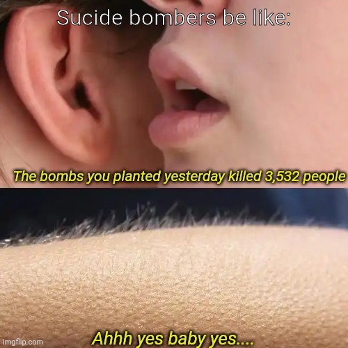 Whisper and Goosebumps | Sucide bombers be like:; The bombs you planted yesterday killed 3,532 people; Ahhh yes baby yes.... | image tagged in whisper and goosebumps | made w/ Imgflip meme maker