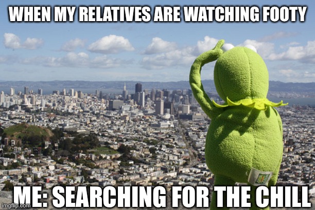 Where is the chill? | WHEN MY RELATIVES ARE WATCHING FOOTY; ME: SEARCHING FOR THE CHILL | image tagged in kermit searching,chill,no chill,football,where | made w/ Imgflip meme maker