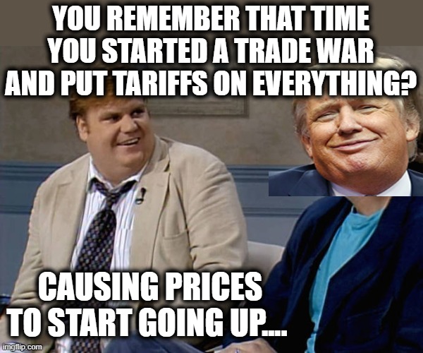 Hows that 'trade war' working for ya? | YOU REMEMBER THAT TIME YOU STARTED A TRADE WAR AND PUT TARIFFS ON EVERYTHING? CAUSING PRICES TO START GOING UP.... | image tagged in remember that time,memes,economy,donald trump is an idiot,politics,lock him up | made w/ Imgflip meme maker