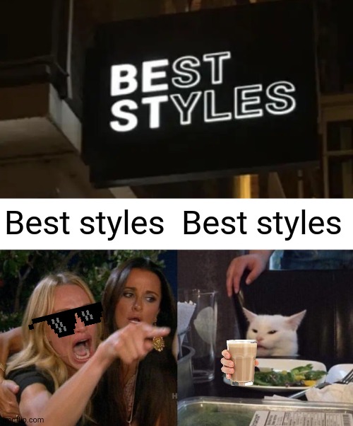 This time we reached an accordance | Best styles; Best styles | image tagged in memes,woman yelling at cat | made w/ Imgflip meme maker