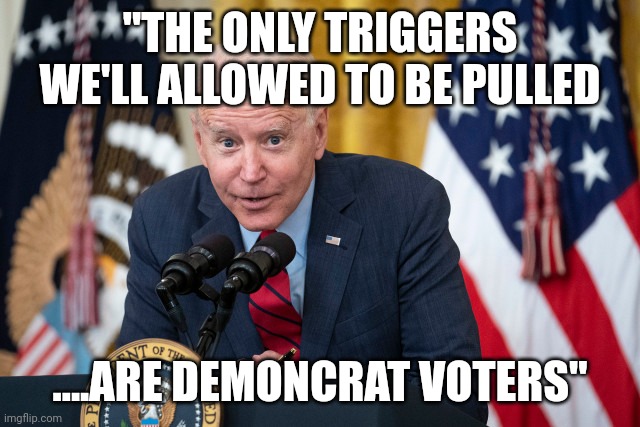 Bidenomics | "THE ONLY TRIGGERS WE'LL ALLOWED TO BE PULLED; ....ARE DEMONCRAT VOTERS" | image tagged in biden whisper | made w/ Imgflip meme maker