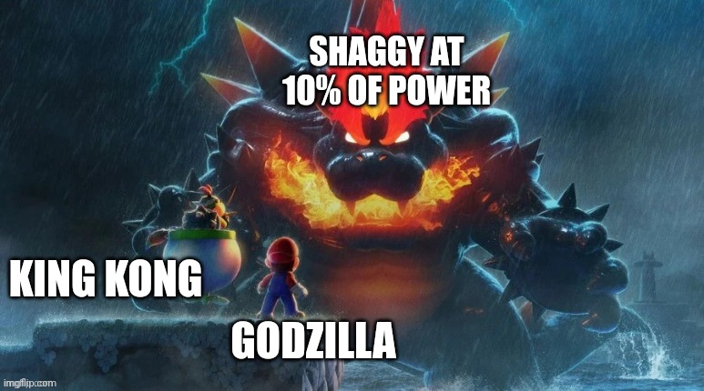Shaggy vs Gozilla and King Kong | SHAGGY AT 10% OF POWER; KING KONG; GODZILLA | image tagged in bowser's fury | made w/ Imgflip meme maker