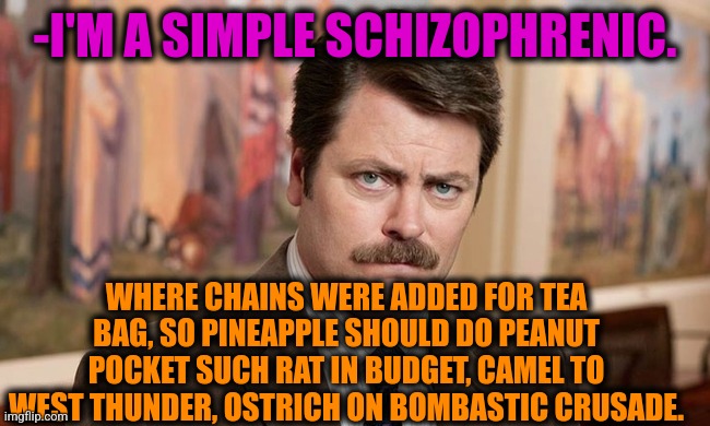 -Talking much huge. | -I'M A SIMPLE SCHIZOPHRENIC. WHERE CHAINS WERE ADDED FOR TEA BAG, SO PINEAPPLE SHOULD DO PEANUT POCKET SUCH RAT IN BUDGET, CAMEL TO WEST THUNDER, OSTRICH ON BOMBASTIC CRUSADE. | image tagged in i'm a simple man,schizophrenia,ron swanson,mental illness,the cure,free speech | made w/ Imgflip meme maker