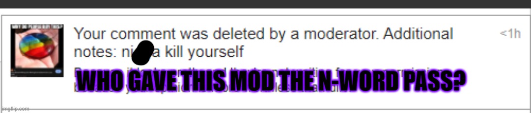 Heads up, The magic word "Kill yourself" didn't work, I'm still alive. | WHO GAVE THIS MOD THE N-WORD PASS? | image tagged in mods | made w/ Imgflip meme maker