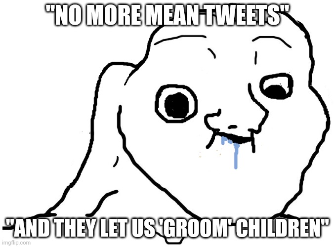 Brainlet Stupid | "NO MORE MEAN TWEETS" "AND THEY LET US 'GROOM' CHILDREN" | image tagged in brainlet stupid | made w/ Imgflip meme maker