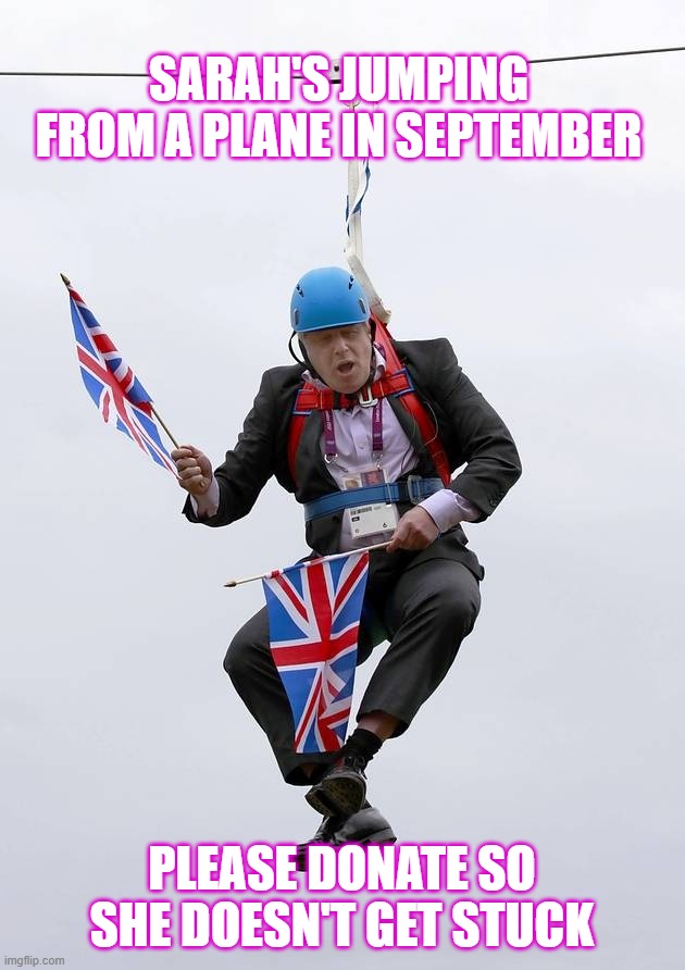 Boris Johnson Stuck | SARAH'S JUMPING FROM A PLANE IN SEPTEMBER; PLEASE DONATE SO SHE DOESN'T GET STUCK | image tagged in boris johnson stuck | made w/ Imgflip meme maker