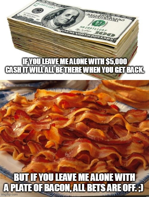 bacon is king |  IF YOU LEAVE ME ALONE WITH $5,000 CASH IT WILL ALL BE THERE WHEN YOU GET BACK. BUT IF YOU LEAVE ME ALONE WITH A PLATE OF BACON, ALL BETS ARE OFF. ;) | image tagged in bacon,5000 cash,money,cash | made w/ Imgflip meme maker
