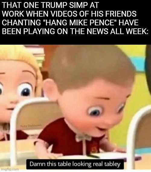 Please leave your many misspelled feelings about how my meme hurt you in the comments | THAT ONE TRUMP SIMP AT WORK WHEN VIDEOS OF HIS FRIENDS CHANTING "HANG MIKE PENCE" HAVE BEEN PLAYING ON THE NEWS ALL WEEK: | image tagged in scumbag republicans,terrorists,terrorism | made w/ Imgflip meme maker