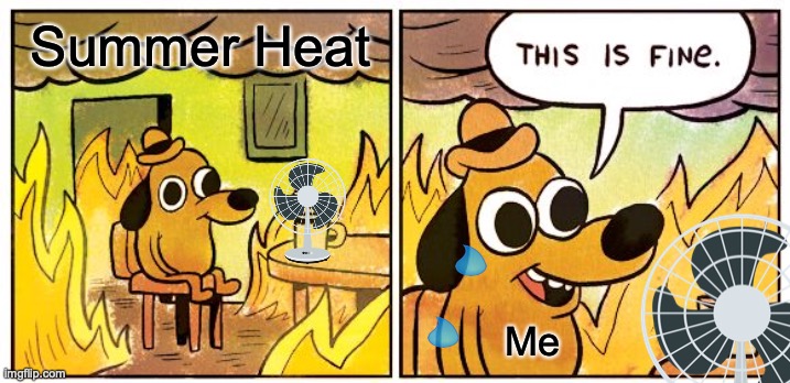 Summer | Summer Heat; Me | image tagged in memes,this is fine,summer | made w/ Imgflip meme maker