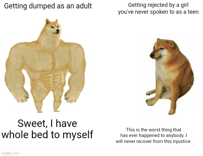 Buff Doge vs. Cheems Meme | Getting dumped as an adult; Getting rejected by a girl you've never spoken to as a teen; Sweet, I have whole bed to myself; This is the worst thing that has ever happened to anybody. I will never recover from this injustice | image tagged in memes,buff doge vs cheems,funny memes | made w/ Imgflip meme maker