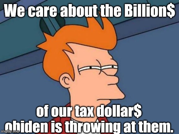 Fry is not sure... | We care about the Billion$ of our tax dollar$ obiden is throwing at them. | image tagged in fry is not sure | made w/ Imgflip meme maker