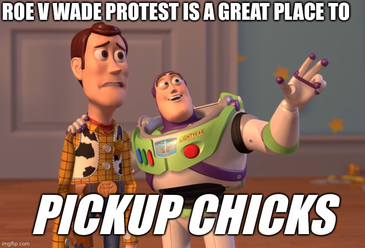 Pickup chicks | ROE V WADE PROTEST IS A GREAT PLACE TO; PICKUP CHICKS | image tagged in memes,x x everywhere,funny,memesy | made w/ Imgflip meme maker