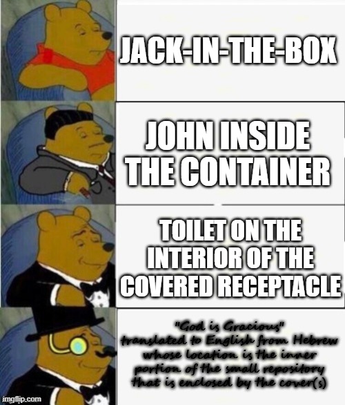 Tuxedo Winnie the Pooh 4 panel | JACK-IN-THE-BOX; JOHN INSIDE THE CONTAINER; TOILET ON THE INTERIOR OF THE COVERED RECEPTACLE; "God is Gracious" translated to English from Hebrew whose location is the inner portion of the small repository that is enclosed by the cover(s) | image tagged in tuxedo winnie the pooh 4 panel | made w/ Imgflip meme maker