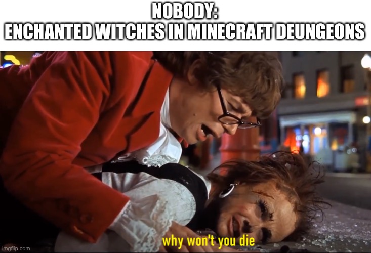 Comment if you have the same experience | NOBODY:
ENCHANTED WITCHES IN MINECRAFT DUNGEONS | image tagged in why won't you die | made w/ Imgflip meme maker