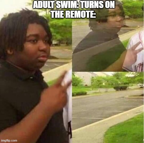 nostalgia meme | ADULT SWIM: TURNS ON; THE REMOTE: | image tagged in disappearing | made w/ Imgflip meme maker