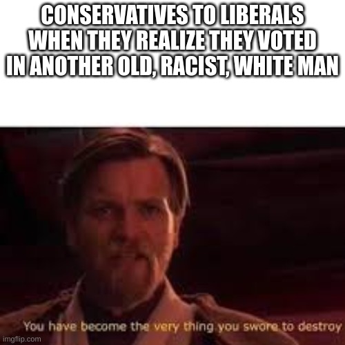 lets see the libs defend themselves, the stupid hypocrites | CONSERVATIVES TO LIBERALS WHEN THEY REALIZE THEY VOTED IN ANOTHER OLD, RACIST, WHITE MAN | image tagged in you have become the very thing you swore to destroy,joe biden | made w/ Imgflip meme maker
