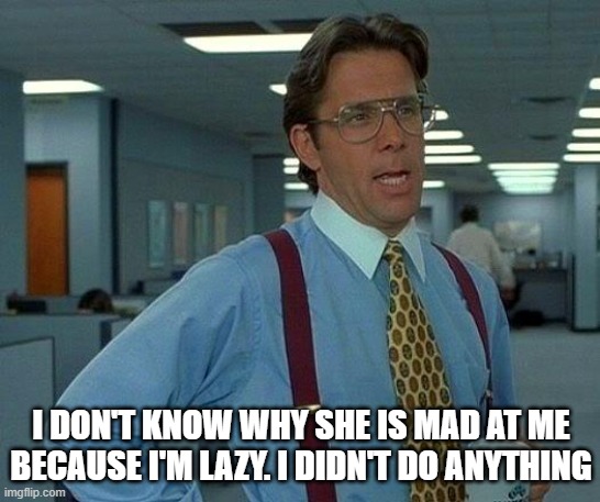 That Would Be Great | I DON'T KNOW WHY SHE IS MAD AT ME BECAUSE I'M LAZY. I DIDN'T DO ANYTHING | image tagged in memes,that would be great | made w/ Imgflip meme maker
