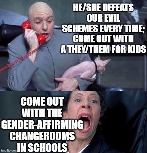 Dr Evil and Frau | HE/SHE DEFEATS OUR EVIL SCHEMES EVERY TIME; COME OUT WITH A THEY/THEM FOR KIDS; COME OUT WITH THE GENDER-AFFIRMING CHANGEROOMS IN SCHOOLS | image tagged in dr evil and frau | made w/ Imgflip meme maker