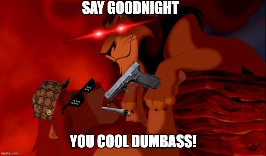 Say goodnight | SAY GOODNIGHT; YOU COOL DUMBASS! | image tagged in i killed mufasa,dumbass | made w/ Imgflip meme maker