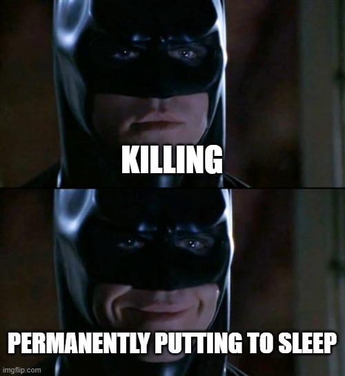 Batman Smiles |  KILLING; PERMANENTLY PUTTING TO SLEEP | image tagged in memes,batman smiles,murder,kill,sleep,dark humor | made w/ Imgflip meme maker